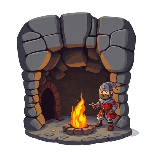 a dungeon, a campfire, a medieval soldier