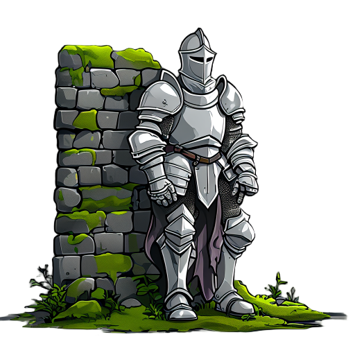a medieval knight in silver armor rests against a moss-covered stone wall in a dark dungeon