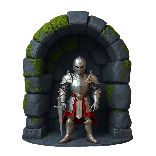 a medieval knight in silver armor rests against a moss-covered stone wall in a dark dungeon