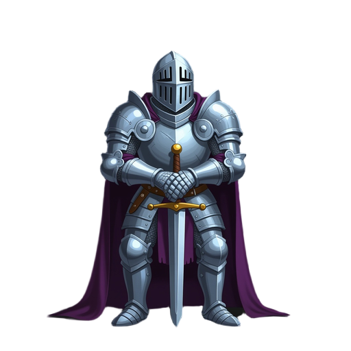 a medieval knight in silver armor rests against a moss-covered stone wall in a dark dungeon