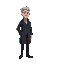 sprite of a man, a scientist dressed in a dark coat and dark pants with light hair.