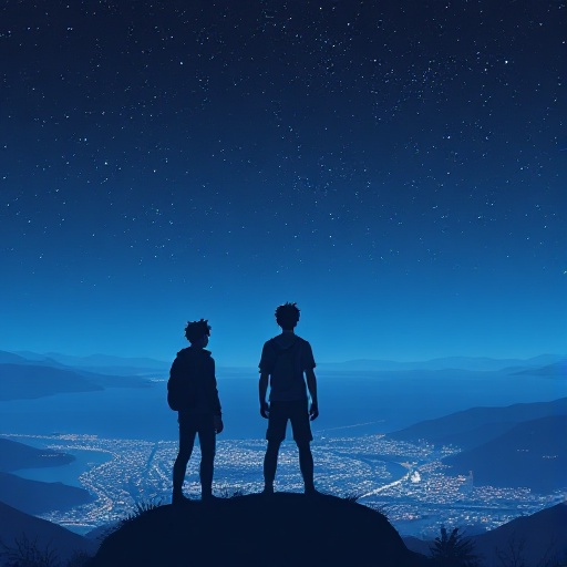 three silhouetted young men stand on a mountaintop overlooking a distant city by the sea under a starry night sky. cool tones dominate the scene, capturing the beauty of the night with the glimmering sea and city lights in the distance.