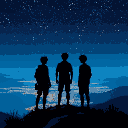 three silhouetted young men stand on a mountaintop overlooking a distant city by the sea under a starry night sky. cool tones dominate the scene, capturing the beauty of the night with the glimmering sea and city lights in the distance.