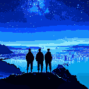 three silhouetted young men stand on a mountaintop overlooking a distant city by the sea under a starry night sky. cool tones dominate the scene, capturing the beauty of the night with the glimmering sea and city lights in the distance.