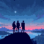 three silhouetted young men stand on a mountaintop overlooking a distant city by the sea under a starry night sky. cool tones dominate the scene, capturing the beauty of the night with the glimmering sea and city lights in the distance.