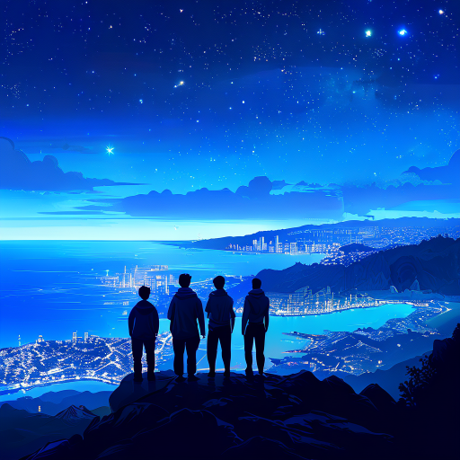 three silhouetted young men stand on a mountaintop overlooking a distant city by the sea under a starry night sky. cool tones dominate the scene, capturing the beauty of the night with the glimmering sea and city lights in the distance.