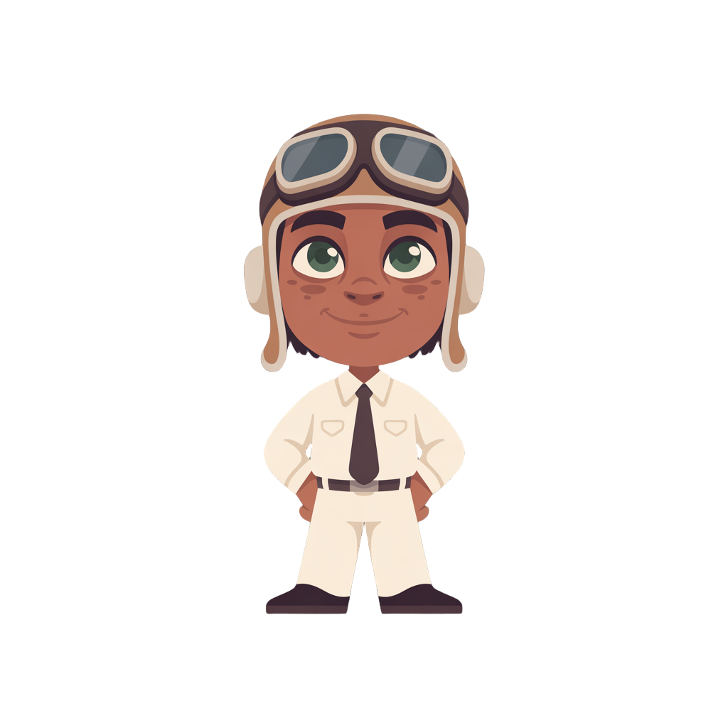 airplane pilot, short brown hair, dark skin, green eyes, classic white pilot outfit.
