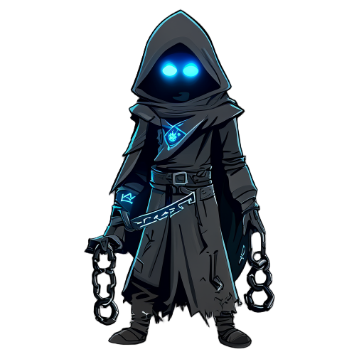 mysterious wanderer in a dark hooded cloak with glowing blue eyes and runes, holding a broken shackle.