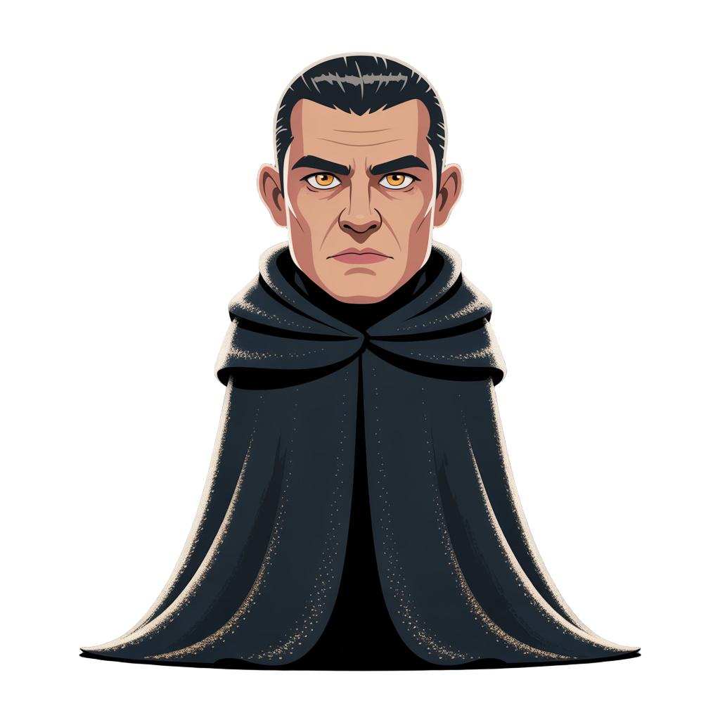 pale skin man with fringe black hairstyle. golden eyes. intimidating expression. wearing a norwegian black cloak with golden lines. 