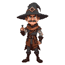 middle aged confident sorcerer fighter with a big hat and company uniform of assassins.