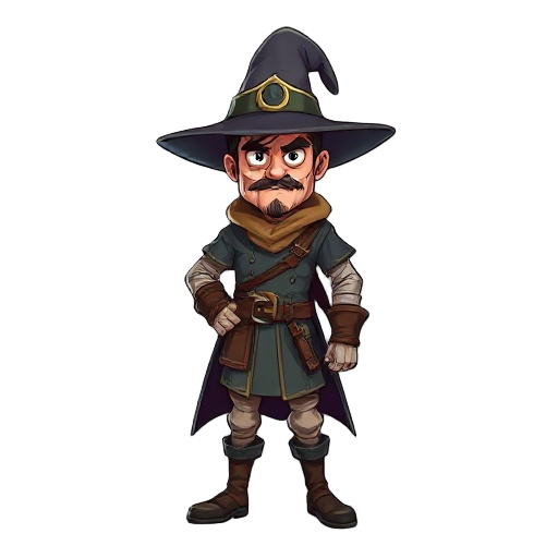 middle aged confident sorcerer fighter with a big hat and company uniform of assassins.