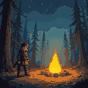 create a lonely warrior next to a bonfire in an abandoned forest at night