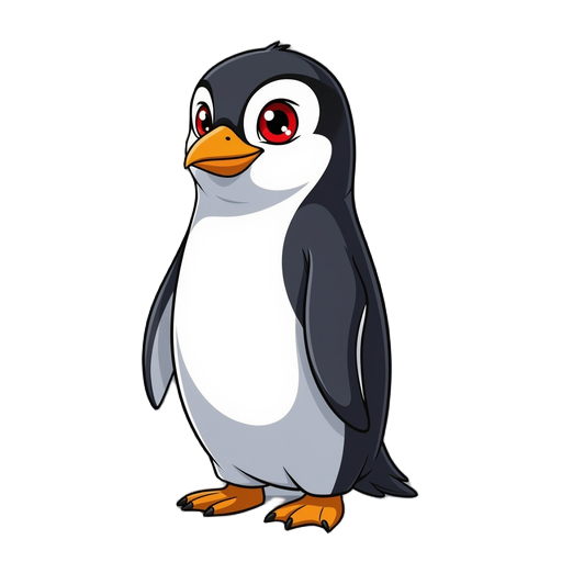a penguin with red eyes