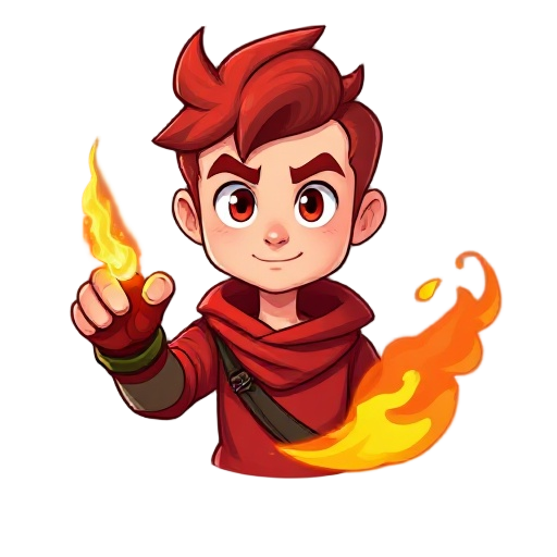 chico de cabello rojo y suéter rojo, con un bastón mágico de fuego en su mano derecha 
