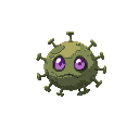 a creature made from earth, shaped like a virus particle. it has just burst from the ground and is hovering slightly in the air. clouds of dust and sediment are pouring off of it. it has purple eyes