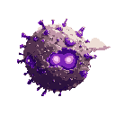a chunk of earth shaped like a virus particle, surounded by clouds of dust and sediment. it has glowing purple eyes, and no mouth. it is hovering in the air