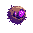 a chunk of earth shaped like a virus particle, surounded by clouds of dust and sediment. it has glowing purple eyes, and no mouth. it is hovering in the air