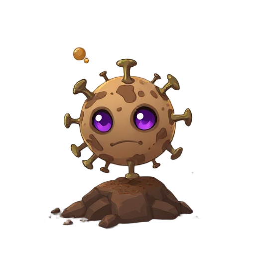 a creature made from earth, shaped like a virus particle. it has just burst from the ground and is hovering slightly in the air. clouds of dust and sediment are pouring off of it. it has purple eyes