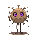 a creature made from earth, shaped like a virus particle. it has just burst from the ground and is hovering slightly in the air. clouds of dust and sediment are pouring off of it. it has purple eyes
