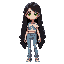 green eyes, black curly mi long hair girl with jean and white crop top with a fish on it. white background