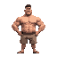 a man with small legs and a huge, muscular torso. he is triangular in shape and his face is in between his chest area.