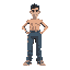 a man made of pants with no arms, his face is near the hip area and his mouth is covered by his pants like a mask