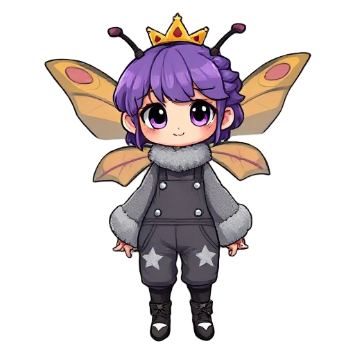 1girl, solo, headshot portrait, mothgirl, moth antennae, four arms, fur trim, gold crown, oversized sweater, grey cardigan, overalls, white star pattern, short curly hair, purple hair, big wide black 