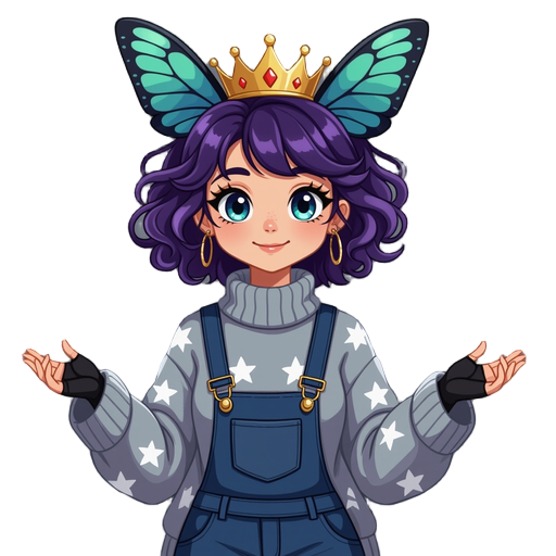 1girl, solo, headshot portrait, mothgirl, moth antennae, four arms, fur trim, gold crown, oversized sweater, grey cardigan, overalls, white star pattern, short curly hair, purple hair, big wide black 