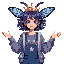 1girl, solo, headshot portrait, mothgirl, moth antennae, four arms, fur trim, gold crown, oversized sweater, grey cardigan, overalls, white star pattern, short curly hair, purple hair, big wide black 