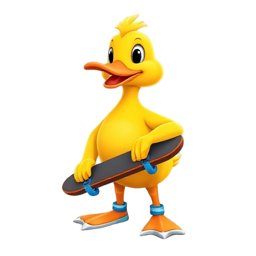 yellow duck with a skateboard and blue shoes