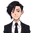 a guy with black hair parted to the right, slightly disheveled, down to his neck, with sly red eyes, but a calm, cold smile, wearing a black suit, a white shirt, and a black tie.