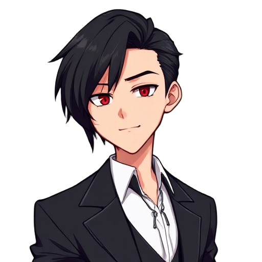 a guy with black hair parted on the side and styled to the right, slightly messy, down to his neck, even, with sly red eyes, but calm, with a cold smile, wearing a black suit, a white shirt, and a bla