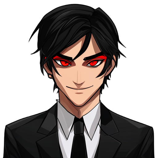a guy with black hair parted to the right, slightly disheveled, down to his neck, with sly red eyes, but a calm, cold smile, wearing a black suit, a white shirt, and a black tie.