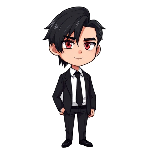 a guy with black hair parted to the right, slightly disheveled, down to his neck, with sly red eyes, but a calm, cold smile, wearing a black suit, a white shirt, and a black tie.