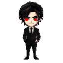 a guy with black hair parted to the right, slightly disheveled, down to his neck, with sly red eyes, but a calm, cold smile, wearing a black suit, a white shirt, and a black tie.