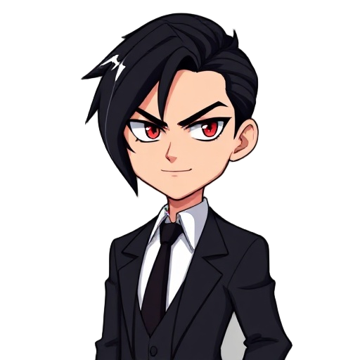 guy with black hair parted on the side and styled to the right, sly red eyes, a cold smile, and a black suit, white shirt, and black tie.