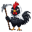 dark angry black rooster wearing a white hood his red comb not visible holding a scythe