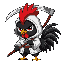 dark angry black rooster wearing a white hood his red comb no red crown just white hood covering his entire head not visible holding a scythe black fully blacked out not a single red wider body chibi 
