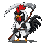 dark angry black rooster wearing a white hood his red comb no red crown just white hood covering his entire head not visible holding a scythe black fully blacked out not a single red
