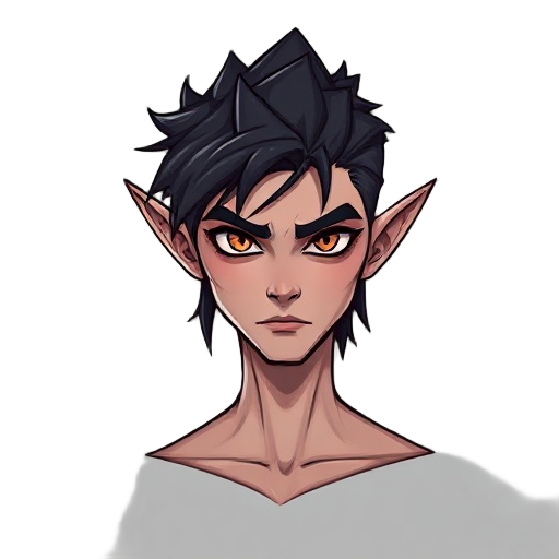 the character is a slim, sharp-featured male elf with an androgynous, confident aura. his style blends fantasy adventurer aesthetics with gothic-steampunk details — evoking a mix of a dark hunter, rogue, or arcane duelist.