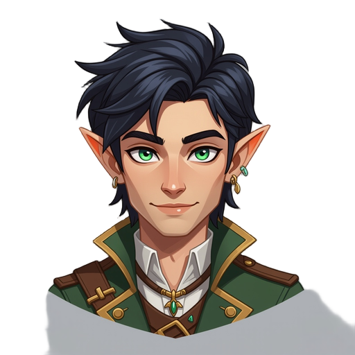 the character is a slim, sharp-featured male elf with an androgynous, confident aura. his style blends fantasy adventurer aesthetics with gothic-steampunk details — evoking a mix of a dark hunter, rogue, or arcane duelist.