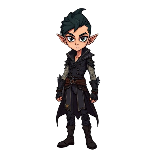 the character is a slim, sharp-featured male elf with an androgynous, confident aura. his style blends fantasy adventurer aesthetics with gothic-steampunk details — evoking a mix of a dark hunter, rogue, or arcane duelist.