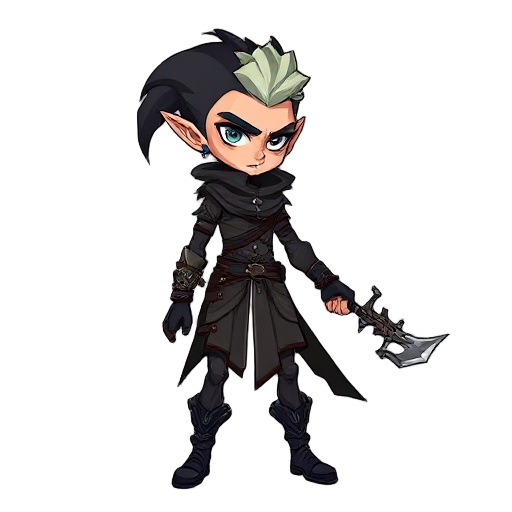 the character is a slim, sharp-featured male elf with an androgynous, confident aura. his style blends fantasy adventurer aesthetics with gothic-steampunk details — evoking a mix of a dark hunter, rogue, or arcane duelist.