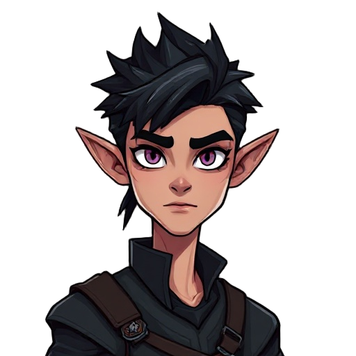 the character is a slim, sharp-featured male elf with an androgynous, confident aura. his style blends fantasy adventurer aesthetics with gothic-steampunk details — evoking a mix of a dark hunter, rogue, or arcane duelist.
