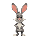 this character is a lively, vintage-style cartoon rabbit with a classic 1930s animation aesthetic. he has large, expressive eyes and long, floppy ears that bounce when he moves. his body is simple and