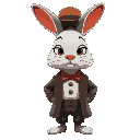 a vintage-style cartoon rabbit with a white face, red nose, and serious expression. he wears a brown hat, elegant jacket, and a red bow tie, giving him a distinctive and charming look.
