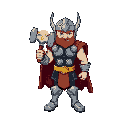 2d sprite of thor, cartoon stylized, game-ready, standing in a heroic idle pose, holding a large glowing hammer (mjölnir), red flowing cape, silver armor with blue highlights, golden belt, winged helmet, strong norse god look, top-down perspective, for a 