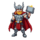 2d sprite of thor, cartoon stylized, game-ready, standing in a heroic idle pose, holding a large glowing hammer (mjölnir), red flowing cape, silver armor with blue highlights, golden belt, winged helmet, strong norse god look, top-down perspective, for a 
