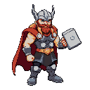2d sprite of thor, cartoon stylized, game-ready, standing in a heroic idle pose, holding a large glowing hammer (mjölnir), red flowing cape, silver armor with blue highlights, golden belt, winged helmet, strong norse god look, top-down perspective, for a 