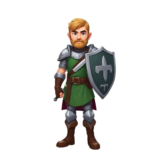 player character medieval warrior with steel armor green tunic leather boots short sword and shield